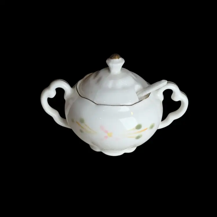 MCM Mini Sweeter Than Sugar Bowl With Original Spoon 3.5” Yellow Accents