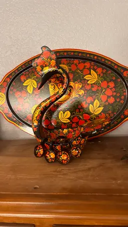 Russian Khokhloma Folk Art Lacquered Swan Bowl, Cups,Tray Set