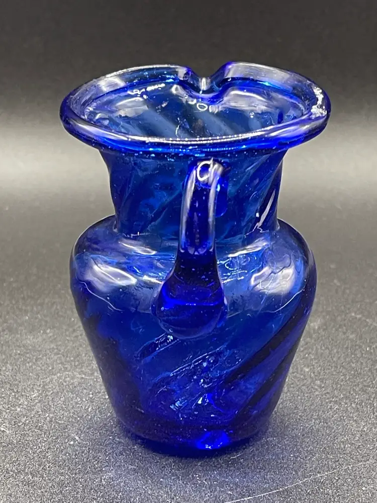 Cobalt Blue Swirled Hand Blown Glass Mini Pitcher