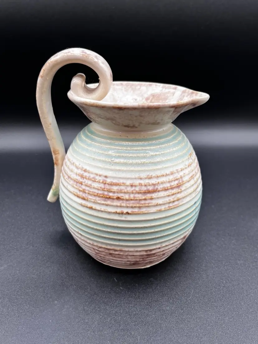 Large Green & Cream Ribbed Art Pottery Pitcher Vase 6.5”