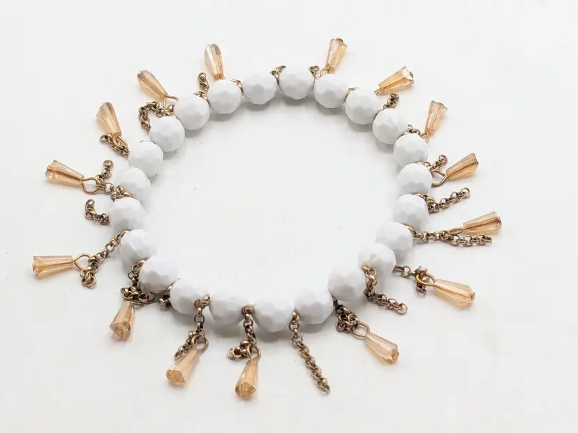 Vintage Gold Tone White Beaded Bracelet with Champagne Color Dangles