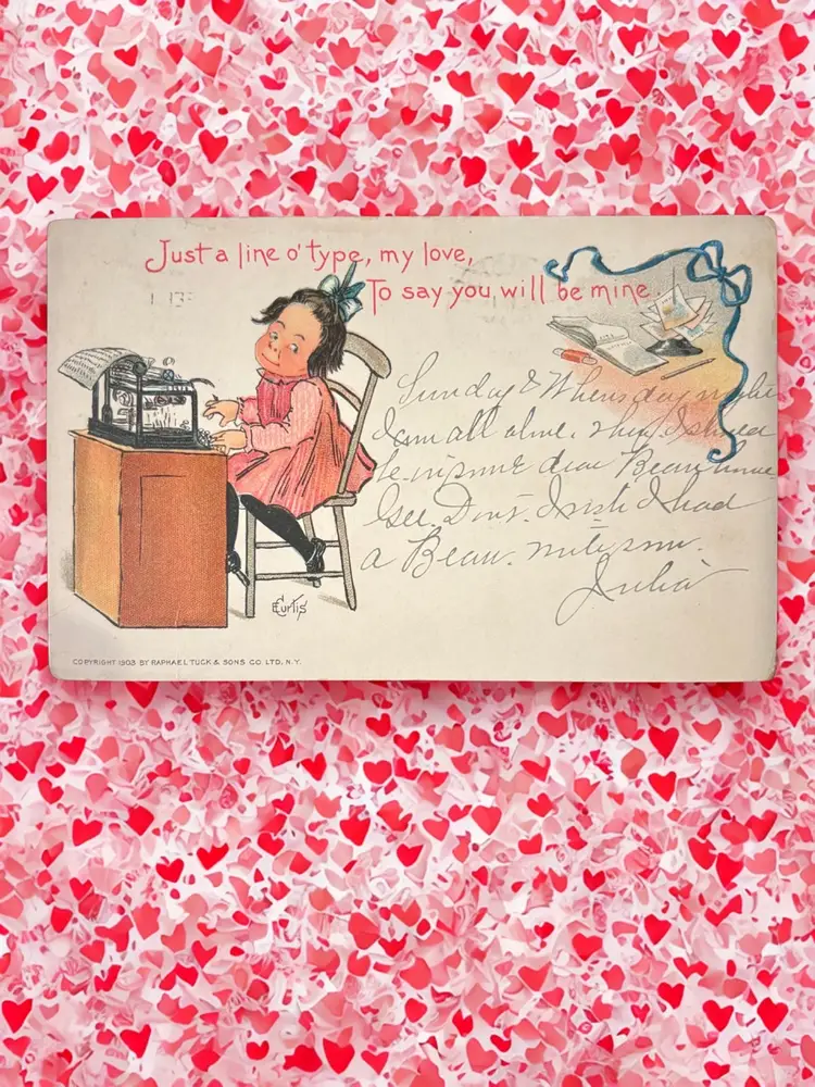 Set of 4 Antique E Curtis Signed Raphael Tuck & Sons published Valentine Postcards teacher typewriter soldier nailed
