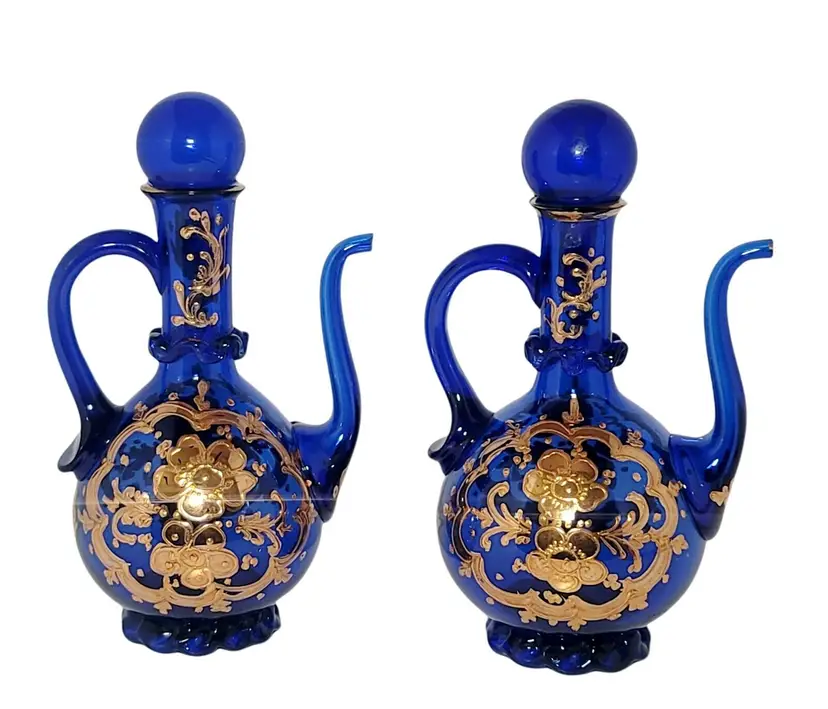 Vtg Bohemian Hand Blown Cobalt Blue Oil & Vinegar Bottles With Gold Overlay