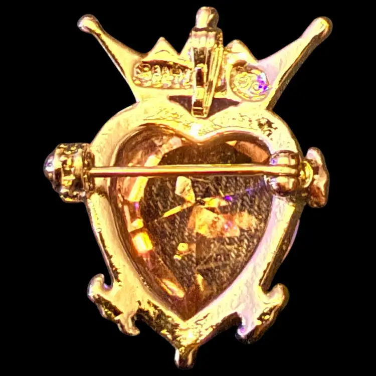 Sterling Silver Purple Rhinestone Heart and Crown Pendant Brooch 1.25”