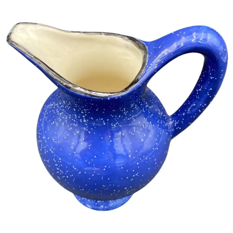 Bright Navy Blue Art Pottery Pitcher Vase with White Speckles, Black Rim, 6"