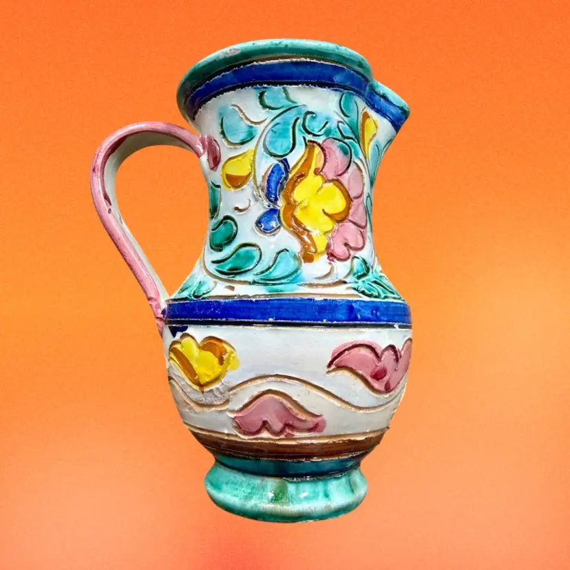6” Vintage MCM Italian Sgraffito Pottery Pitcher Vase, Signed