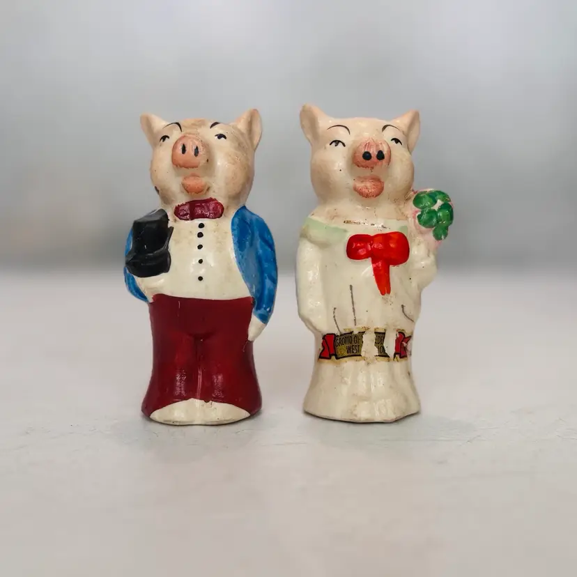 Vintage Ceramic Anthropomorphic Pig Couple Salt & Pepper Shakers – Made in Japan