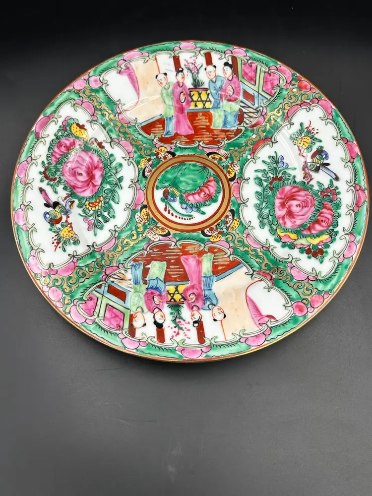 Vintage Chinese Rose Medallion Famille Decorative Plate Hand Painted In Hong Kong