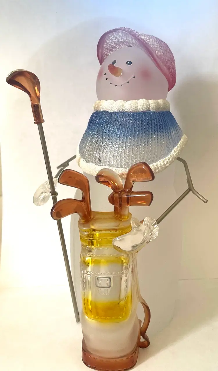 Golfing Snow Man. Christmas. Winter. Metal Arms Acrylic Frosted