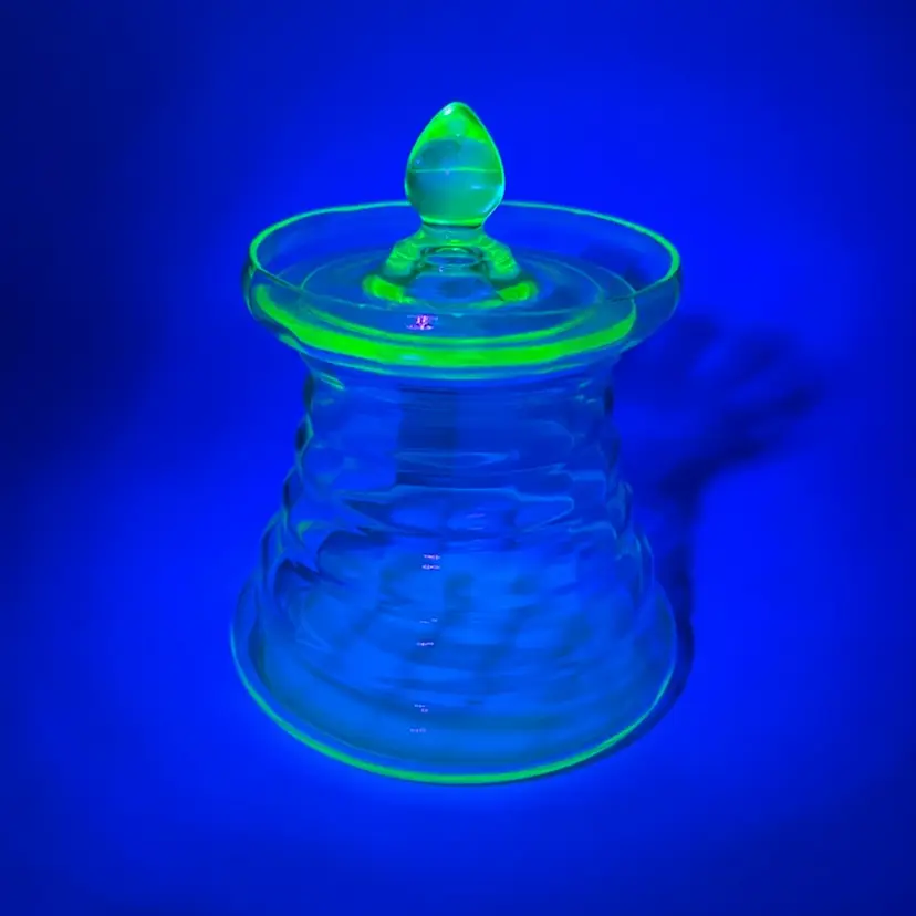 Uranium UV Glow Depression Glass Lidded Honey Jar