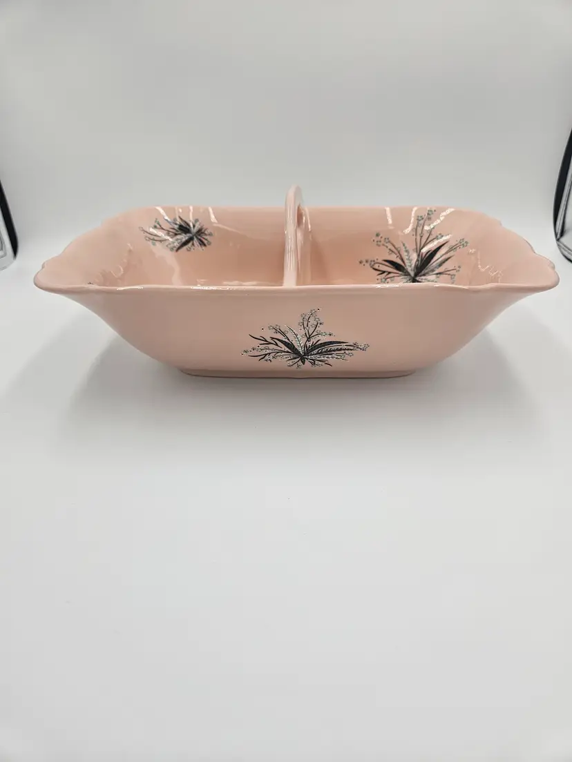 #B49 Crooksville USA Pink Carnations Handled Divided Serving Bowl
