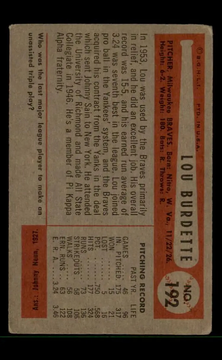 1954 Bowman #192 Lew Burdette - (pk-tl3) - Milwaukee Braves
