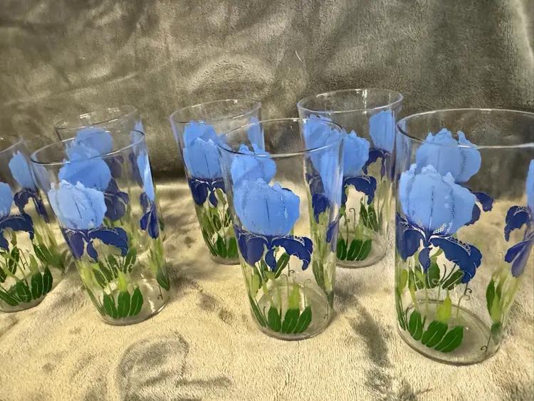 Vintage Set 7 Anchor Hocking Blue Iris Flower Drinking Glasses Tumbler Juice Cup