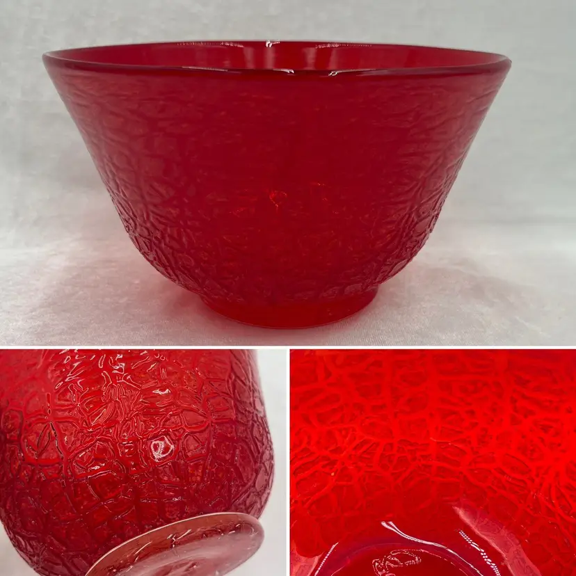 RWB - Hand Blown Art Glass Fruit Bowl Lava Red Orange Flecks Crackle