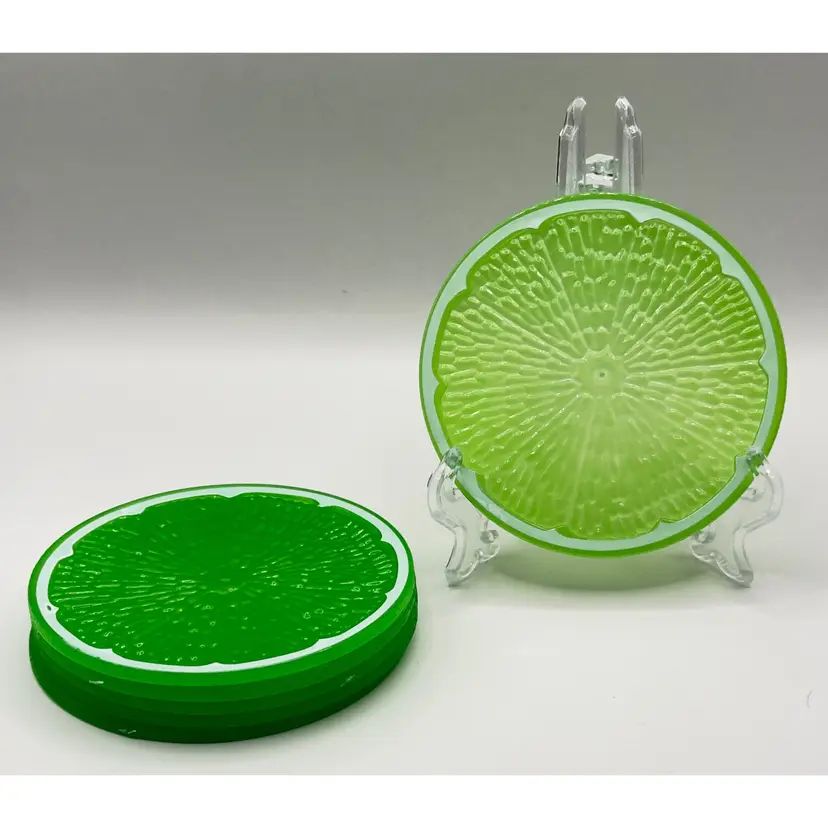 Vintage Retro Lime Slice Fruit Slices Plastic Barware Coasters, Set of 6, Vibrant Green, By Home Collection, Made in China