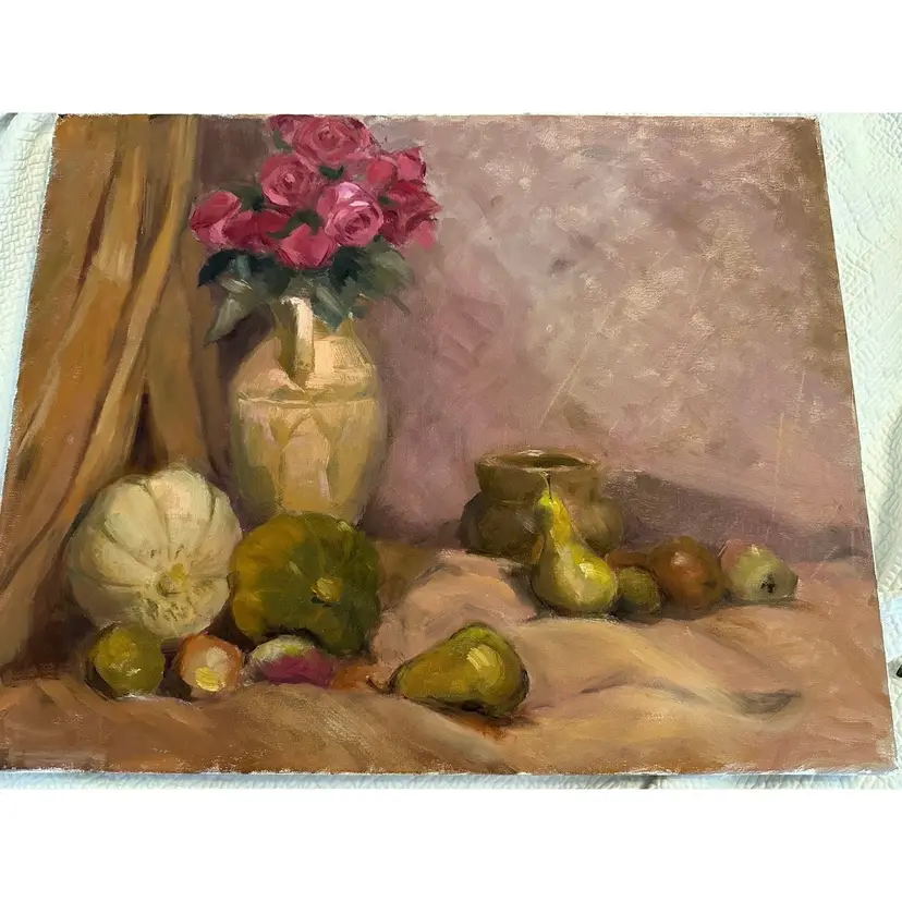 Still Life Acrylic Painting, Flowers and Fruit (20x16 Canvas, Unframed)