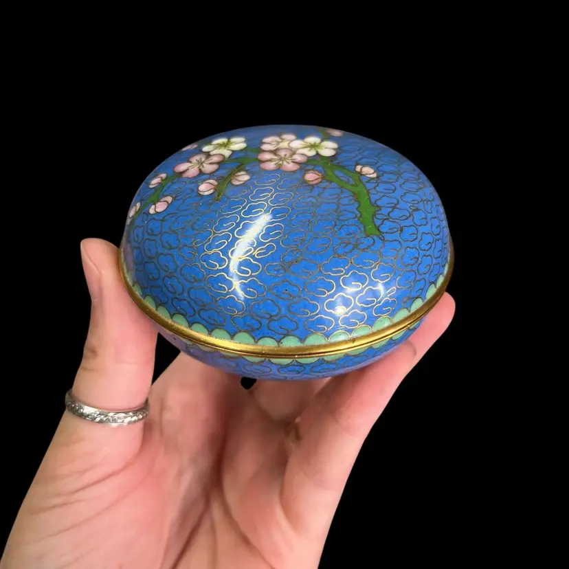 Pink Flowers And Blue Cloisonné Trinket Box, Cloisonné Vanity Decor, Floral Cloisonné Box