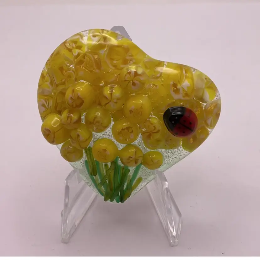 Made by Me! Fused Glass Pocket Heart with 3D Yellow Roses  & Ladybug 2” Handcrafted Studio Art