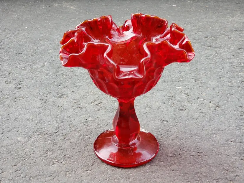 Art Glass Candy Dish Compote Ruby Red Ruffled & Crimped Edge Thumbprint  Vintage