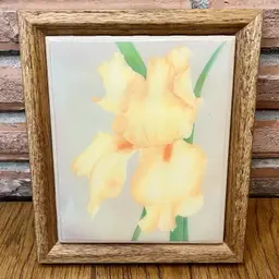 Vintage Wood Framed Tile Yellow Iris Flower 7x6 Cottage Core
