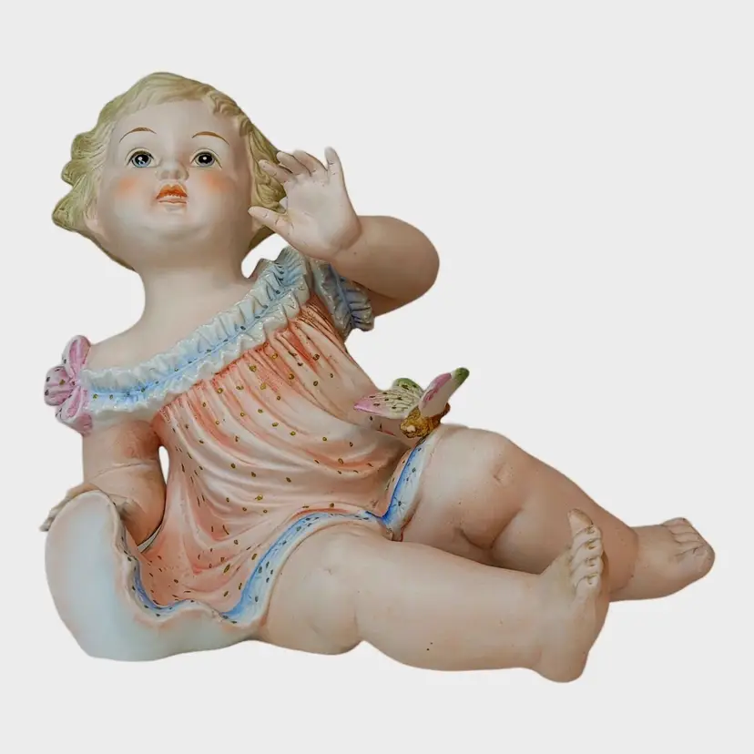 Vtg Old Bisque Porcelain Piano Baby Girl Butterfly 8 Inches Tall 7 Inches Wide
