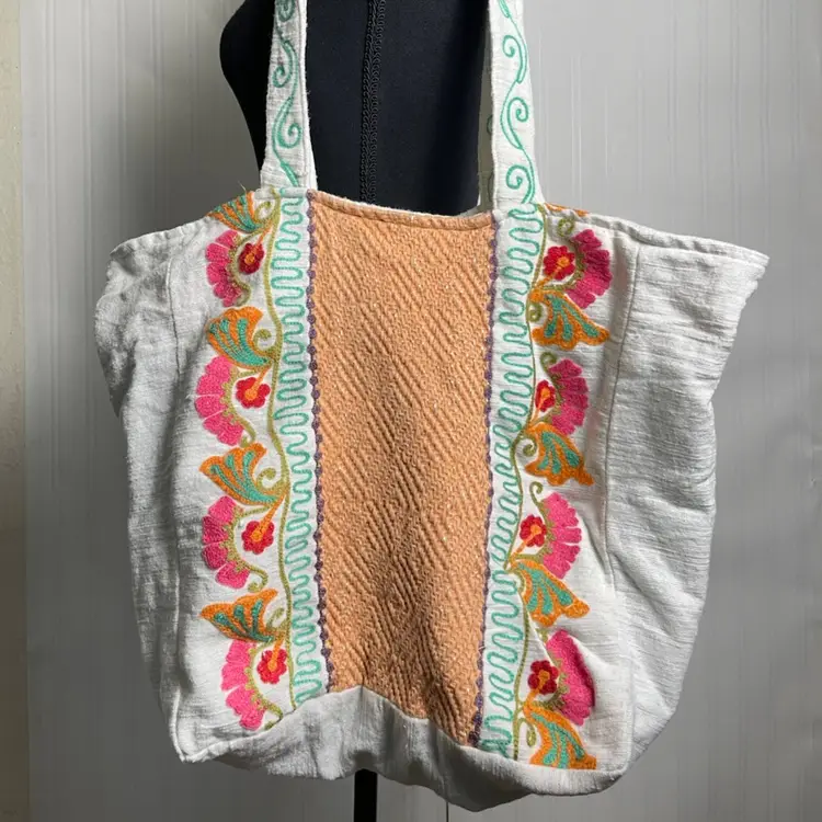 Karma Living Embroidered Floral Lined Large Tote Fairy Bohemian Groovy Festive