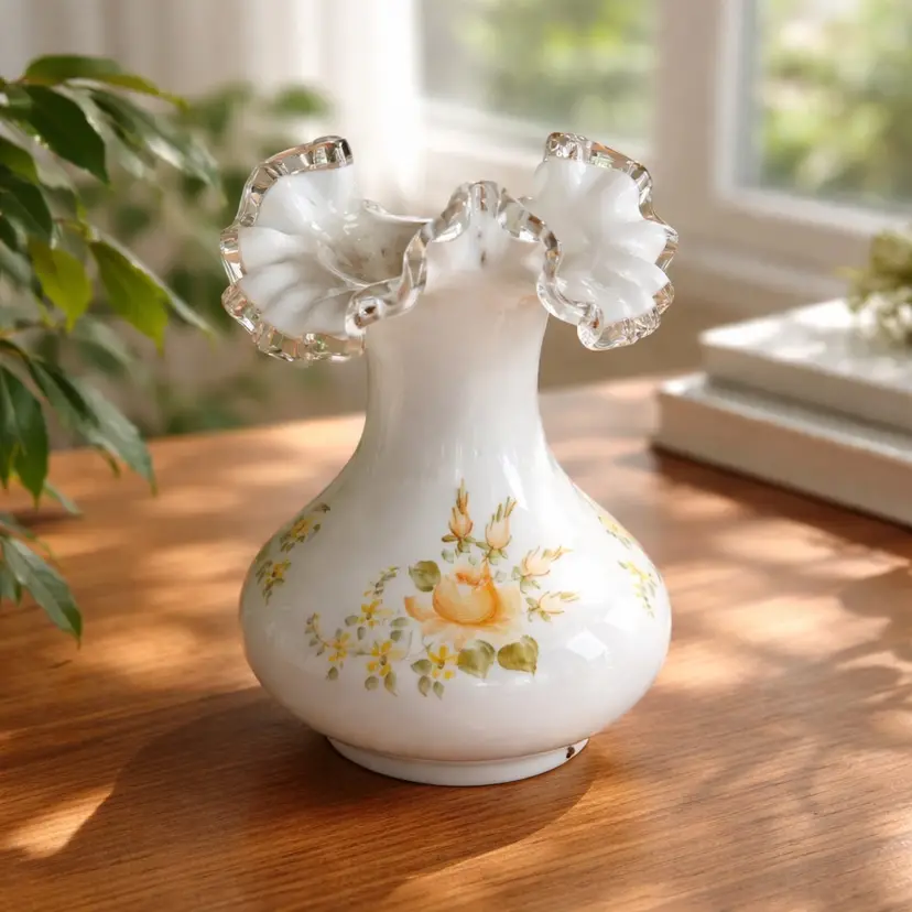 Fenton Hand painted “Butterflies & Floral Silvercrest Milk Glass Vase 7.5” Tall
