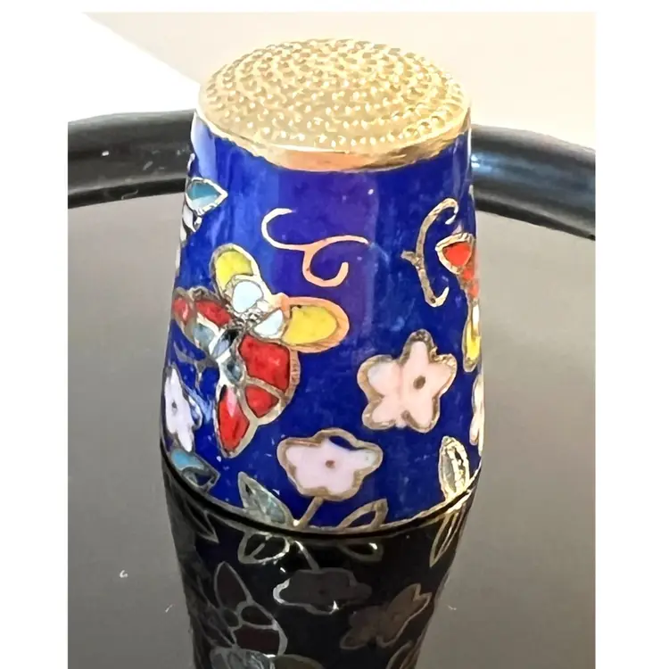 Cloisonne Collectible Enamel Metal Sewing Thimble Butterflies Flowers 1 in Height