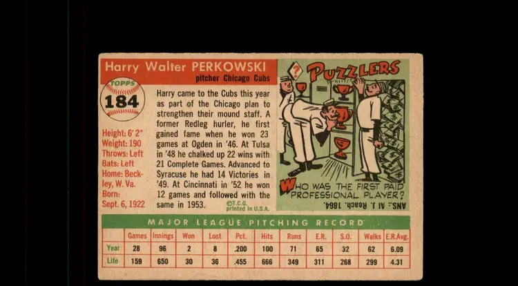 1955 Topps #184 Harry Perkowski - (pk-tl1) - Chicago Cubs