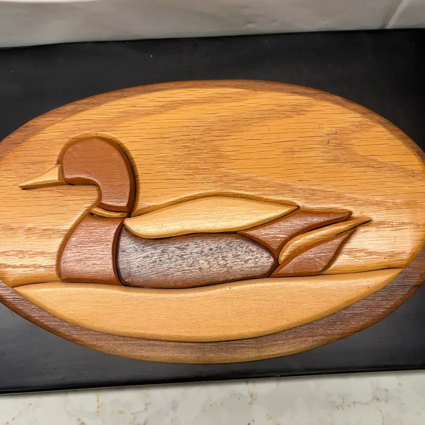 Vintage David's Wood Works Intarsia Duck Wall Plaque – Pieced Wood Mallard –