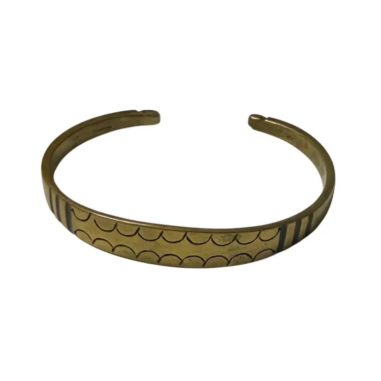 Vintage Brass Cuff Bracelet Scalloped Etched Design Mid Century Boho