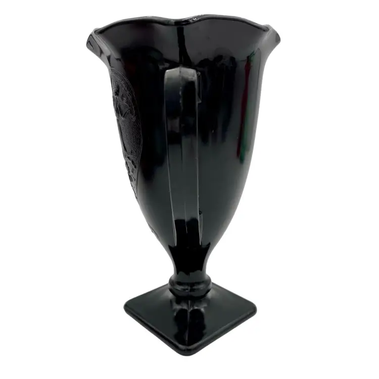Vintage LE Smith Black (Amethyst) Glass, “Snake Dance”, Crimped Top Handled Vase