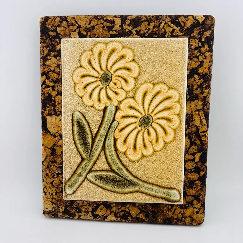 Vintage Cork And Ceramic Flower Trivet 8.25”x 10”