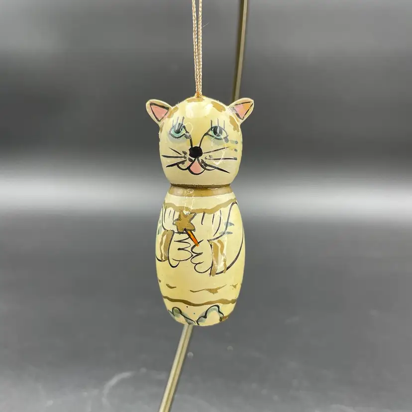Handcrafted Painted Lacquer Wooded Cat Angel Hanging Christmas Holiday Ornament