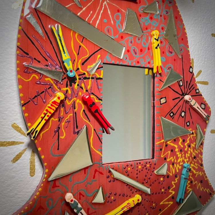 Vintage 90s Artist SIGNED Funky Eclectic Folk Art Abstract Women Whimsical Mosaic Mirror 15.25x15.25"