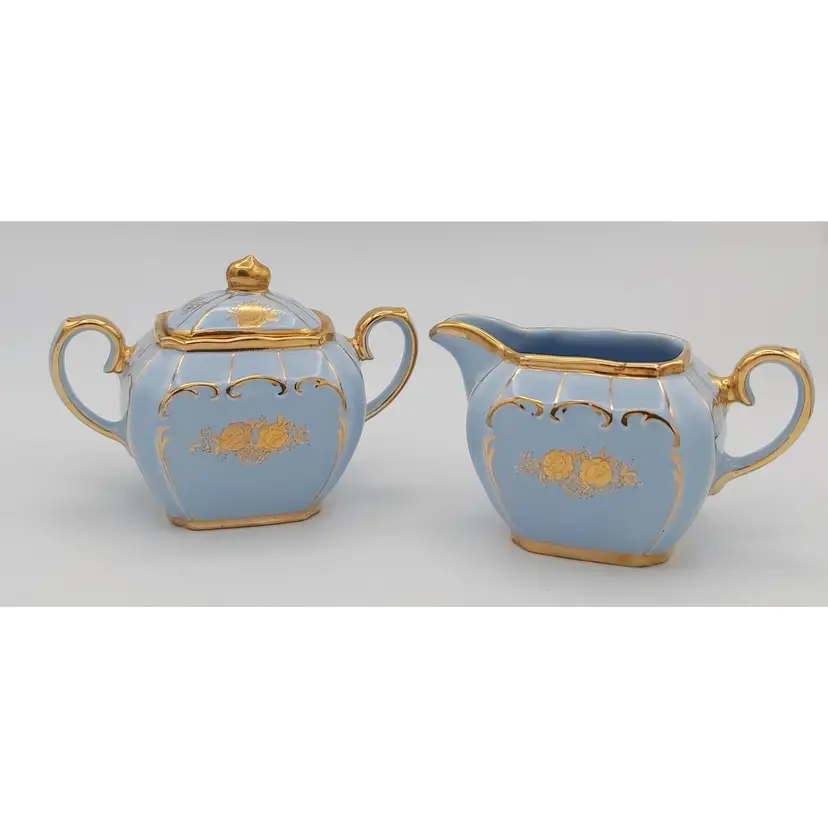 SADLER England CUBE Turquoise Blue & Gold Porcelain Creamer & Lidded Sugar Set