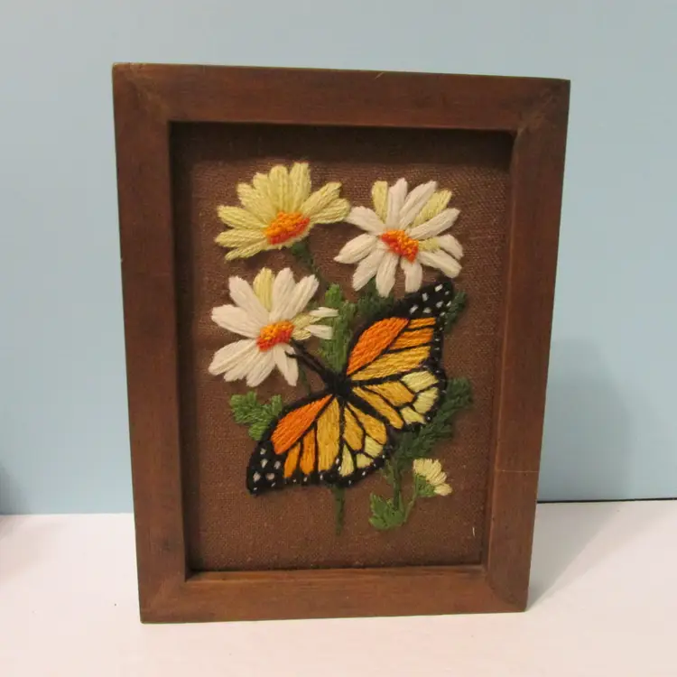 set of 2 vintage crewel framed Monarch butterfly wall art nature decor