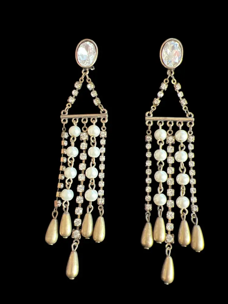 Vintage Brass Faux Pearl Dangle Cha Cha Clear Rhinestones Clip on Earrings #ofc-3