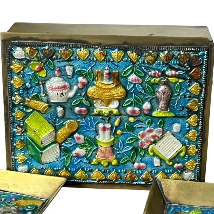 Vintage Cloisonné  Cigarette Box With Two Ashtrays Enamel