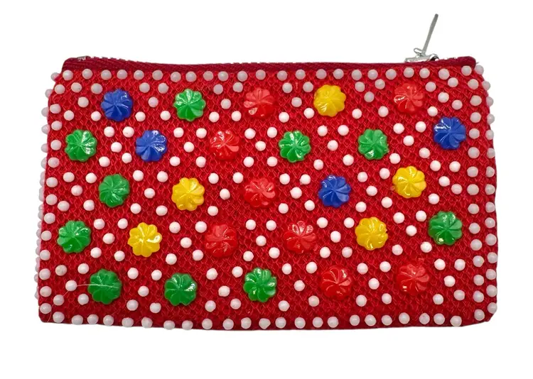 Vintage 1970s Confetti Candy Dot Rainbow Beaded Zipper Coin Purse Hong Kong 4”
