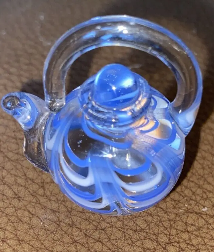 Art Glass Mini Teapot Figurine Paperweight Collectable Blue & White Swirl 1.5” H