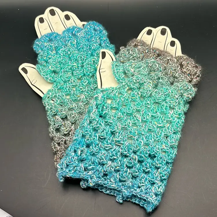 Dragon Scale Fingerless Gloves in Variegated Blue & Black with Multi Color Tinsel Crochet Handmade By Me
