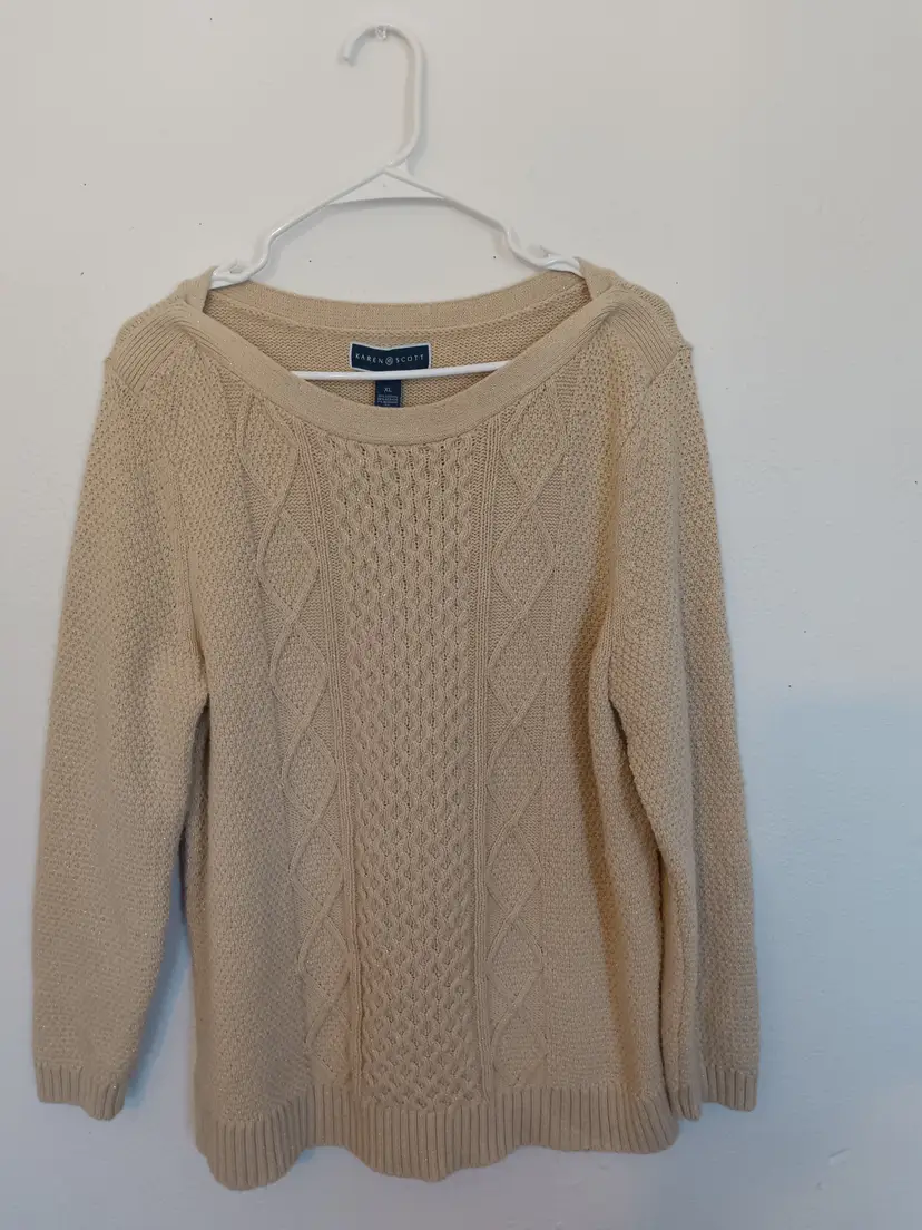 Karen Scott Women’s Beige Cable Knit Sweater Metallic XL