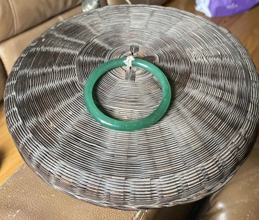 Chinese Woven Basket With Lid Glass Ring 9.5” Diameter Vtg