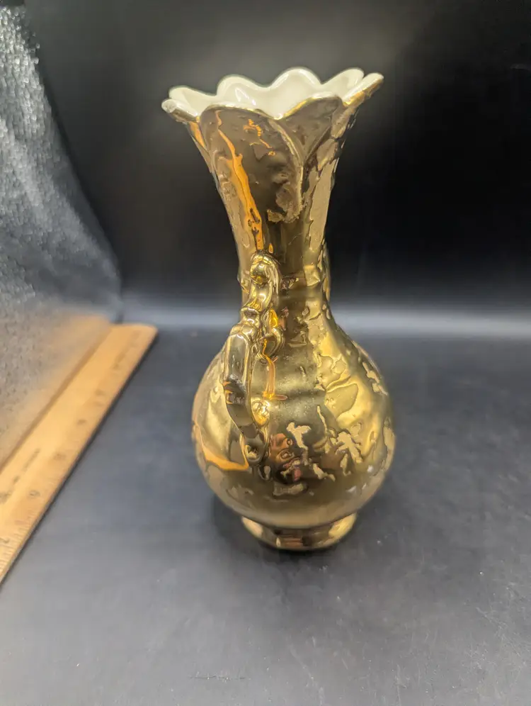 Weeping Gold Vase 24K  Bud Vase 1940's Hand Decorated With 2 Handles VTG