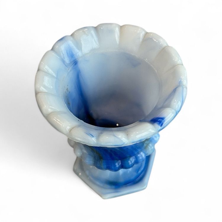 Some Orange Glow! Akro Agate Blue White Slag Glass Toothpick Urn Or Mini Planter