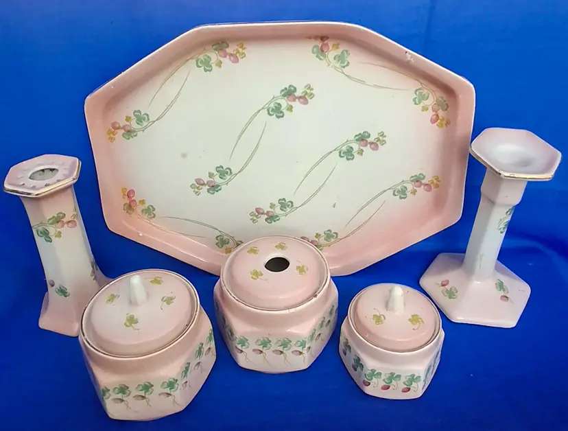Antique Hollinshead & Kirkham Blooming Clover 9-Piece Porcelain Vanity Set