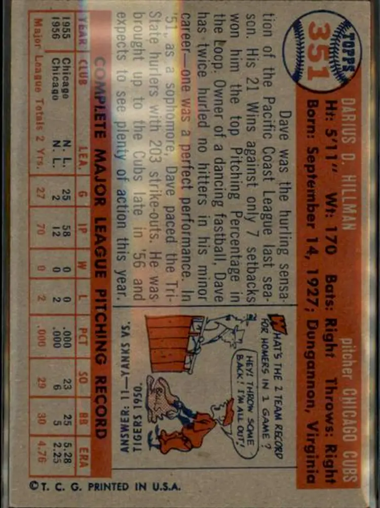 1957 Topps #351 Dave Hillman - ( pk1 ) - Chicago Cubs