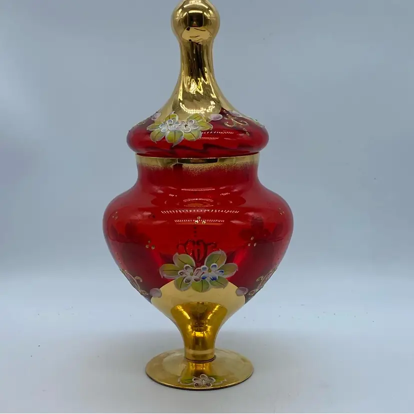 #1003 Ruby red enameled glass jar with lid, likely Bohemian or Venetian.