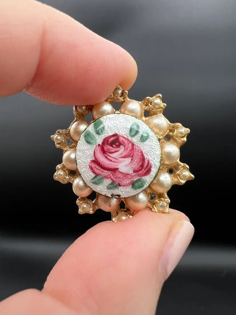 Small Hand Painted Rose With Faux Pearls Brooch